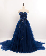 Homecoming Dresses Online, Dark Blue Sweetheart Tulle Lace Long Prom Dress Blue Tulle Evening Dress