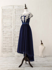 Party Dress Classy, Dark Blue Tulle Lace Applique High Low Prom Dresses