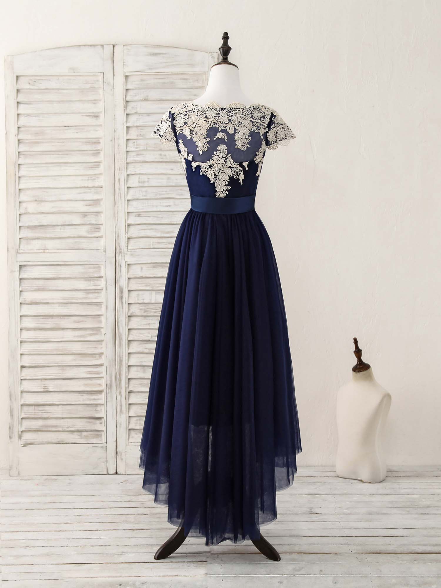 Party Dresses Outfit, Dark Blue Tulle Lace Applique High Low Prom Dresses