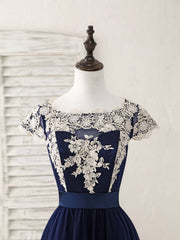 Party Dresses Outfits, Dark Blue Tulle Lace Applique High Low Prom Dresses