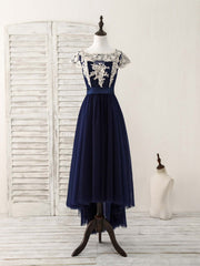Party Dresses Shorts, Dark Blue Tulle Lace Applique High Low Prom Dresses