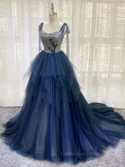 Wedding Pictures Ideas, Dark blue tulle lace long prom dress, blue tulle formal dress