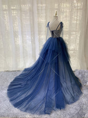 Beach Wedding Guest Dress, Dark blue tulle lace long prom dress, blue tulle formal dress