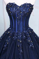 Prom Dresses Long Open Back, Dark Blue Tulle Lace Princess Dress, A-Line Strapless Long Prom Dress