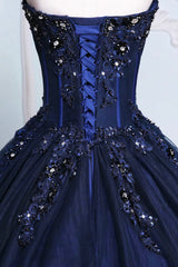 Prom Dress Long Open Back, Dark Blue Tulle Lace Princess Dress, A-Line Strapless Long Prom Dress