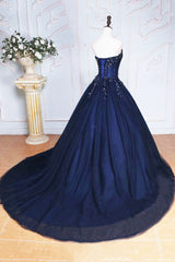 Prom Dresses Photos Gallery, Dark Blue Tulle Lace Princess Dress, A-Line Strapless Long Prom Dress