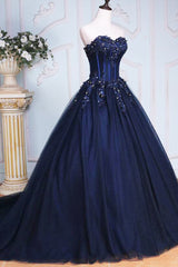 Prom Dress Silk, Dark Blue Tulle Lace Princess Dress, A-Line Strapless Long Prom Dress
