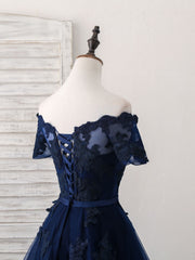 Prom Dresses Sites, Dark Blue Tulle Lace Short Prom Dress, Dark Blue Homecoming Dress