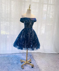 Formal Dress Shops, Dark Blue Tulle Off Shoulder Knee Length Party Dress, Blue Homecoming Dresses