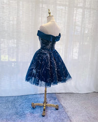 Formal Dresses Shop, Dark Blue Tulle Off Shoulder Knee Length Party Dress, Blue Homecoming Dresses