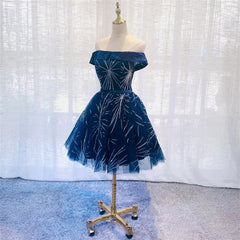 Formal Dress Shopping, Dark Blue Tulle Off Shoulder Knee Length Party Dress, Blue Homecoming Dresses