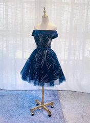 Formal Dress Shop, Dark Blue Tulle Off Shoulder Knee Length Party Dress, Blue Homecoming Dresses