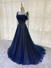 Party Dresses Glitter, Dark Blue Tulle Sequin Long Prom Dress, Blue Tulle Formal Dress