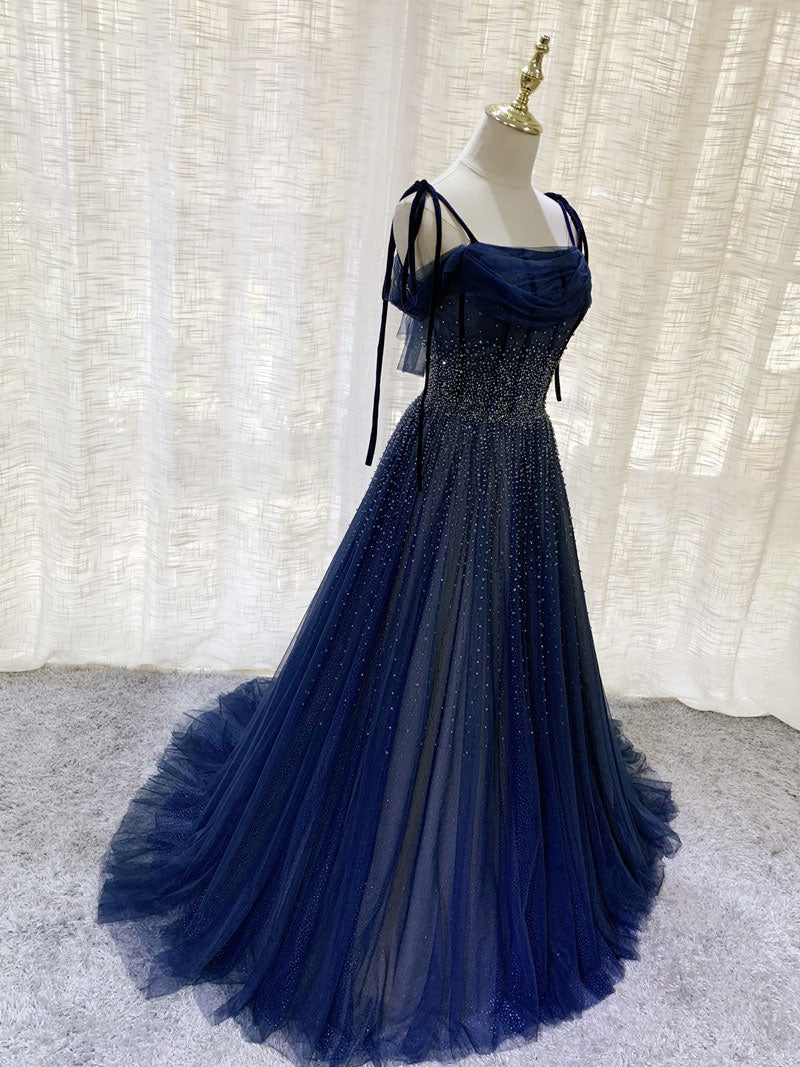Party Dress Glitter, Dark Blue Tulle Sequin Long Prom Dress, Blue Tulle Formal Dress