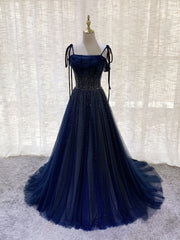 Party Dress Open Back, Dark Blue Tulle Sequin Long Prom Dress, Blue Tulle Formal Dress