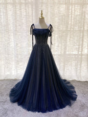 Party Dress Big Size, Dark Blue Tulle Sequin Long Prom Dress, Blue Tulle Formal Dress