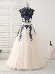 Party Dresses For Ladies 2027, Dark Blue Two Pieces Lace Tulle Long Prom Dress Blue Evening Dress