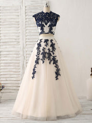 Party Dress Sleeve, Dark Blue Two Pieces Lace Tulle Long Prom Dress Blue Evening Dress