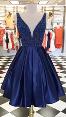 Bridesmaid Dress Yellow, Dark blue v neck beads satin short prom dress, blue homecoming dress
