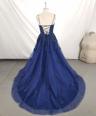 Formal Dresses Long Sleeve, Dark Blue V Neck Tulle Lace Long Prom Dress Blue Lace Bridesmaid Dress