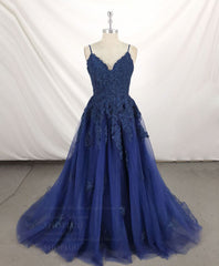 Formal Dress For Woman, Dark Blue V Neck Tulle Lace Long Prom Dress Blue Lace Bridesmaid Dress