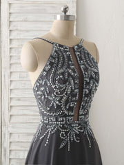 Prom Dress 2029, Dark Gray Sequin Beads Long Prom Dress Backless Evening Dress