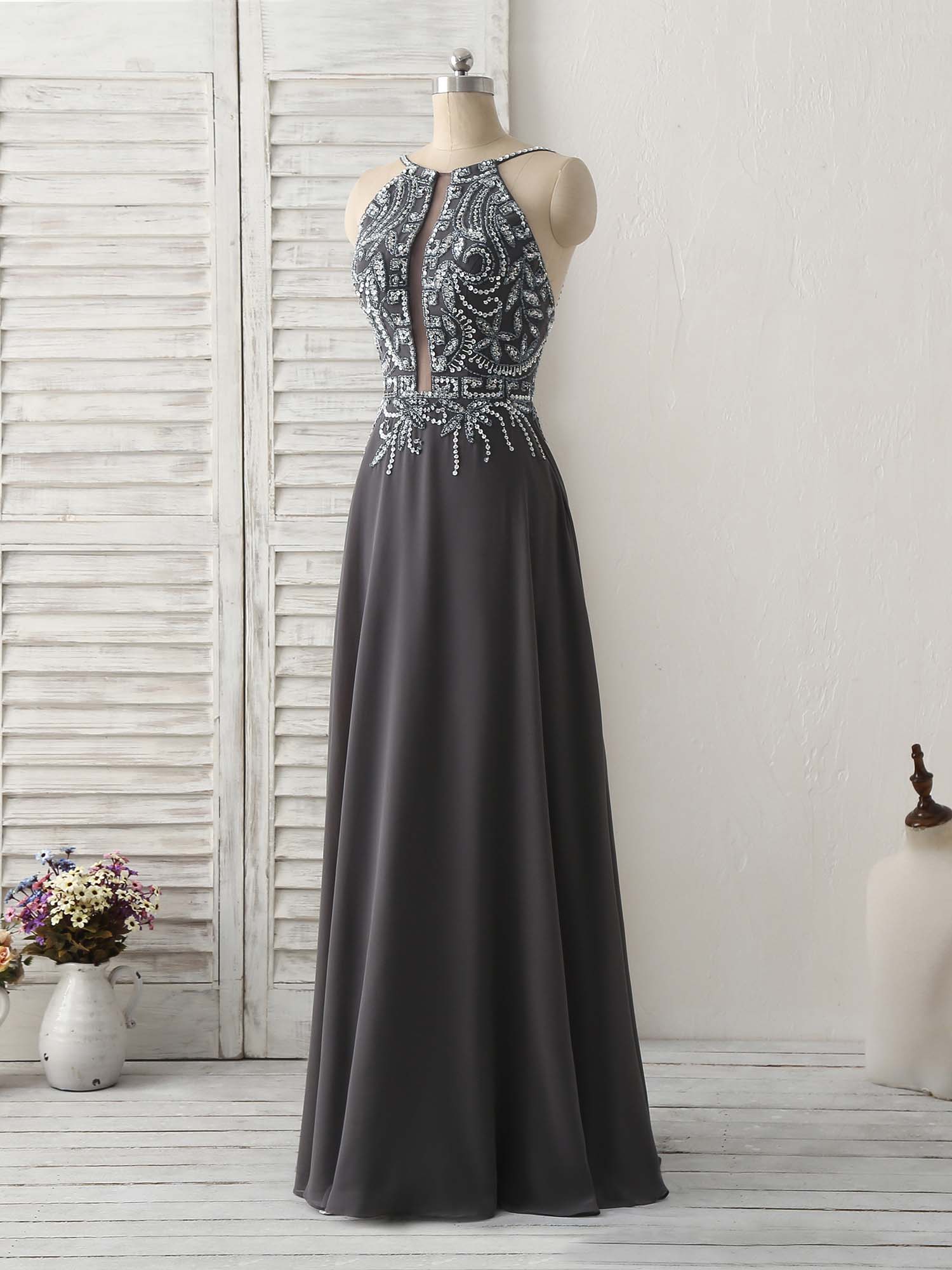 Party Dresses Jumpsuits, Dark Gray Sequin Beads Long Prom Dress Backless Evening Dress