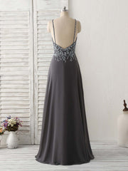Party Dresses And Jumpsuits, Dark Gray Sequin Beads Long Prom Dress Backless Evening Dress