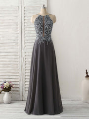 Party Dresses For 18 Year Olds, Dark Gray Sequin Beads Long Prom Dress Backless Evening Dress
