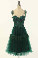 Party Dresses Sale, Dark Green A-line Bow Tie Straps Lace-Up Applique Mini Homecoming Dress