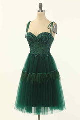 Party Dress Dresses, Dark Green A-line Bow Tie Straps Lace-Up Applique Mini Homecoming Dress