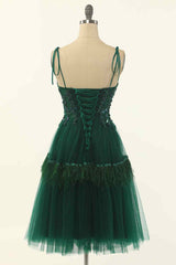 Party Dress Dress, Dark Green A-line Bow Tie Straps Lace-Up Applique Mini Homecoming Dress