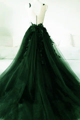 Bridesmaid Dress Colors, Dark Green A-Line Open Back Tulle Lace Floral Formal Dress, Green Long Prom Dress