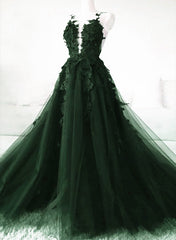 Bridesmaid Dresses Elegant, Dark Green A-Line Open Back Tulle Lace Floral Formal Dress, Green Long Prom Dress