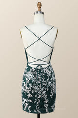 Party Dresses With Sleeves, Dark Green and White Floral Tight Mini Dress