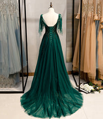 Homecoming Dress Short, Dark Green Beaded Tulle Straps A-line Formal Dresses, Green Evening Dress Prom Dresses