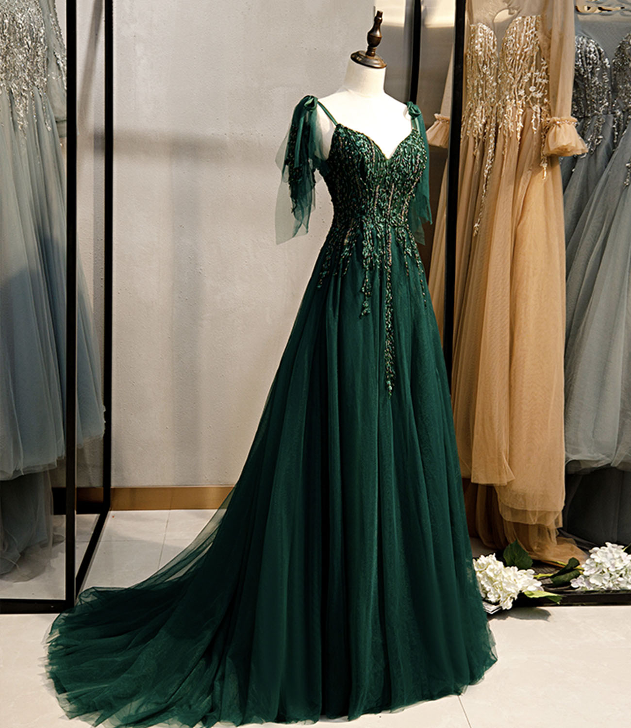Homecoming Dresses Short, Dark Green Beaded Tulle Straps A-line Formal Dresses, Green Evening Dress Prom Dresses