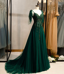 Homecoming Dresses Short, Dark Green Beaded Tulle Straps A-line Formal Dresses, Green Evening Dress Prom Dresses