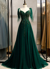 Homecoming Dresses Long, Dark Green Beaded Tulle Straps A-line Formal Dresses, Green Evening Dress Prom Dresses