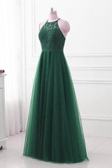 Party Dress Outfits, Dark Green Cross Back Tulle Halter Long Party Dress, A-line Junior Prom Dress