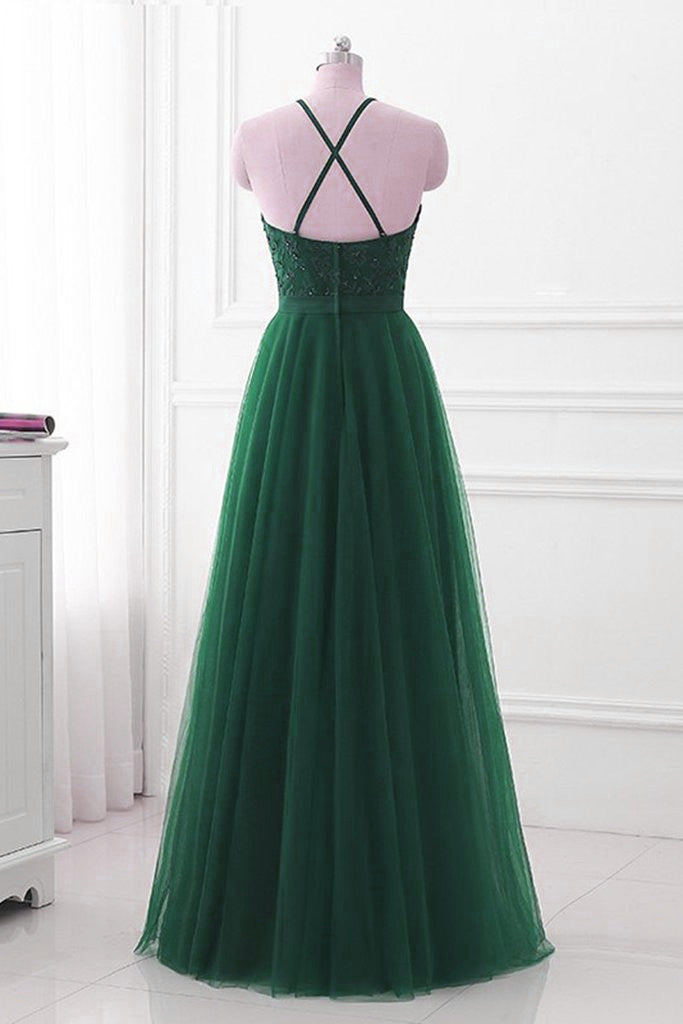 Party Dresses Cheap, Dark Green Cross Back Tulle Halter Long Party Dress, A-line Junior Prom Dress