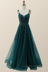 Party Dresses, Dark Green Lace Appliques A-line Long Prom Dress