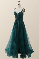 Party Dress Long Sleeve Maxi, Dark Green Lace Appliques A-line Long Prom Dress