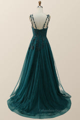 Party Dresses For 52 Year Olds, Dark Green Lace Appliques A-line Long Prom Dress