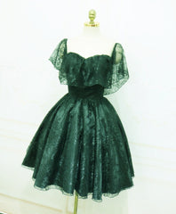 Summer Wedding Color, Dark Green Lace Off Shoulder Short Party Dress, Lace Homecoming Dress