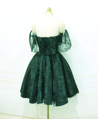 Black Tie Wedding, Dark Green Lace Off Shoulder Short Party Dress, Lace Homecoming Dress