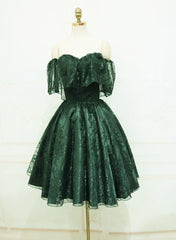 Rustic Wedding Dress, Dark Green Lace Off Shoulder Short Party Dress, Lace Homecoming Dress