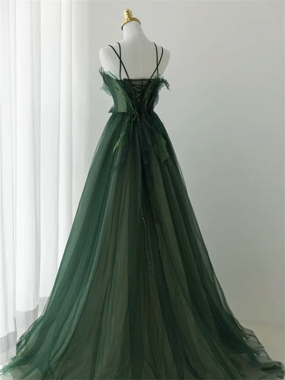 Formal Dresses For Wedding Guest, Dark Green Long Beaded A-line Evening Dress Party Dress, Green Prom Dress