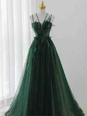 Formal Dresses For Weddings Guest, Dark Green Long Beaded A-line Evening Dress Party Dress, Green Prom Dress