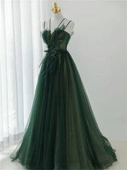 Formal Dress Attire For Wedding, Dark Green Long Beaded A-line Evening Dress Party Dress, Green Prom Dress